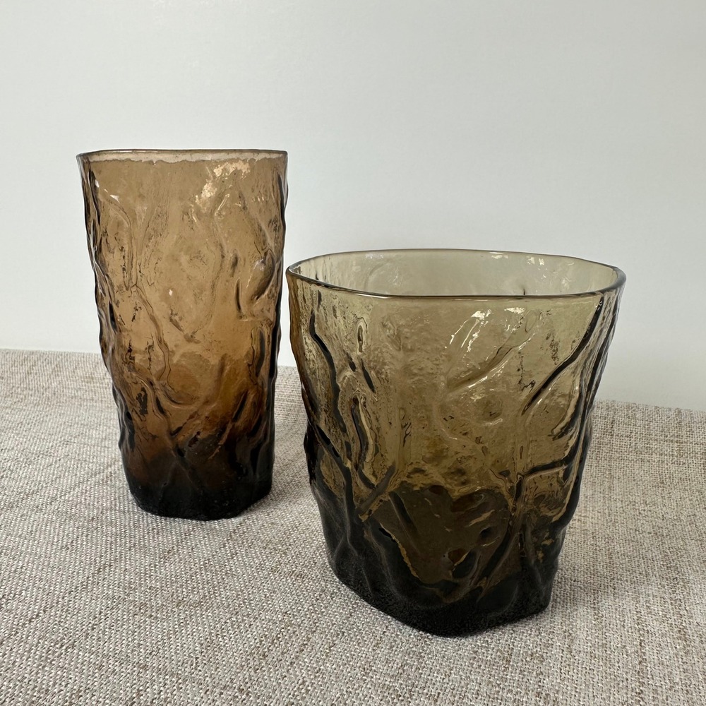 Vintage Seneca Driftwood Smoke Glass Tumblers Set of 2 Crinkle MCM Barware